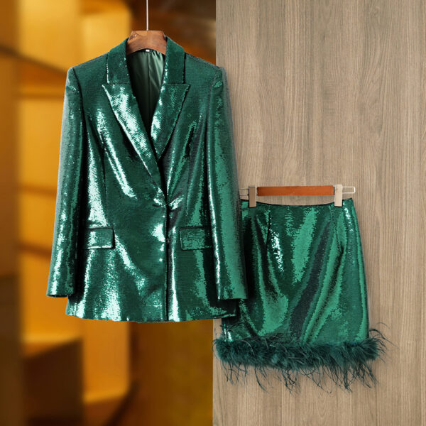 Lapel Blazer Feather Trim Sequin Two Piece Skirt Set