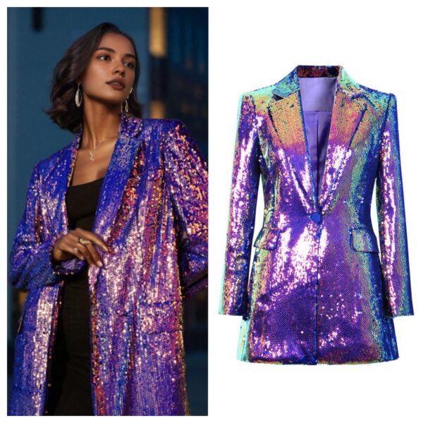 Purple Sequins Longline Prom Blazer For Women